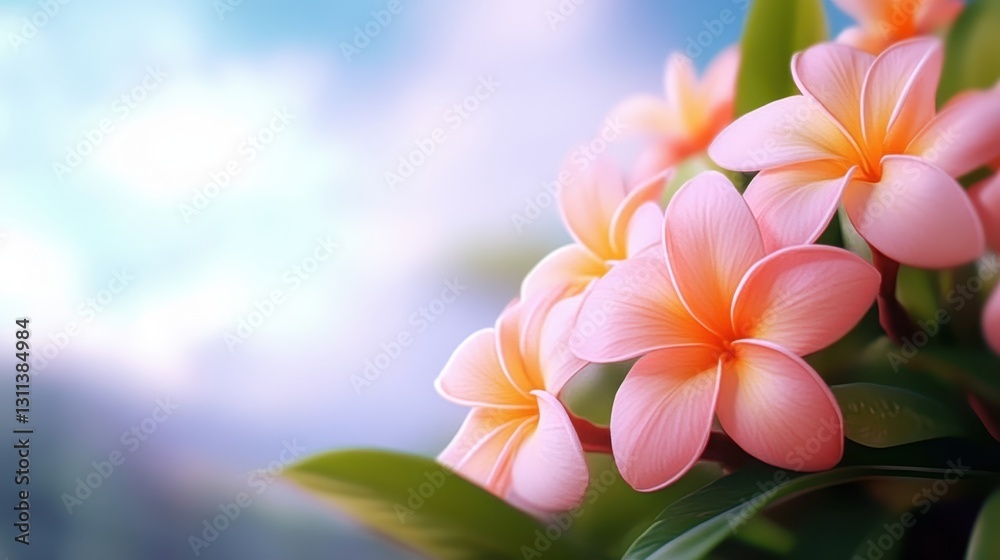 Naklejka premium Soft-focus close-up of charming frangipani blossoms, warm tropical tones, gentle breeze moving through the flower garden.