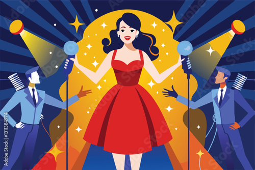 A woman in a red dress confidently holds microphones as two performers prepare in a vibrant atmosphere, Popular woman concept, Girl in red dress with microphones,