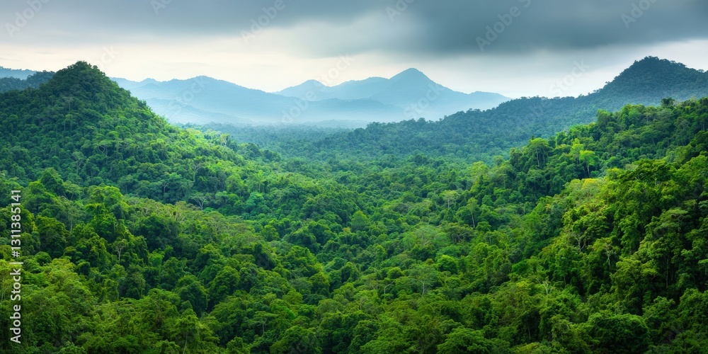 Fototapeta premium Ecological impact climate recovery concept. Lush green mountains under a cloudy sky create a serene landscape.