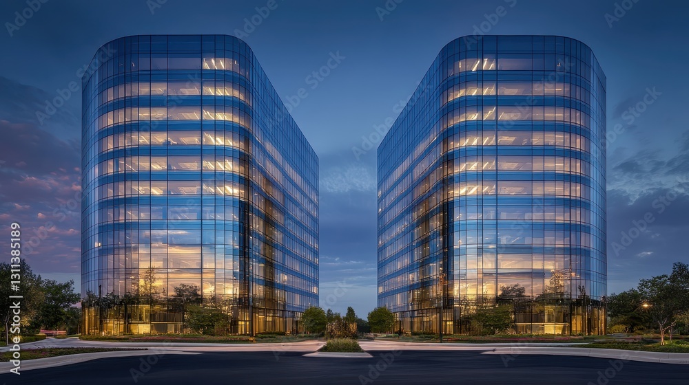 Fototapeta premium Symmetrical shot of two corporate towers, close-up side profile, glass exteriors glowing with soft urban reflections.