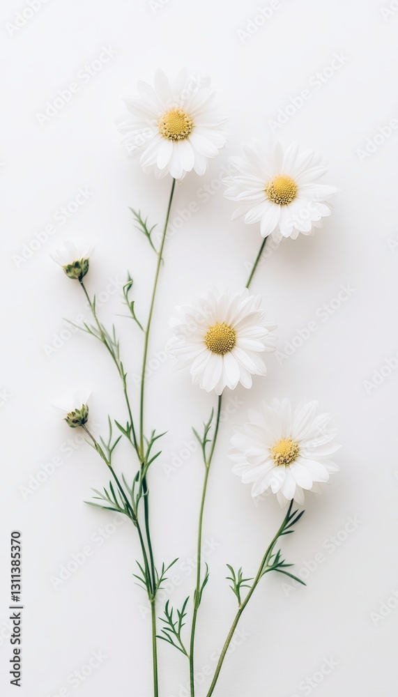 Obraz premium Five White Daisies with Yellow Centers on Stems, Isolated on White Background, With Ample Copy Space