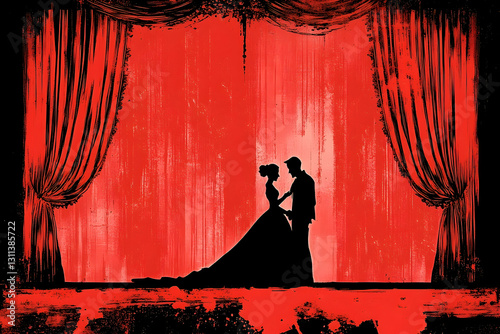 Elegant Silhouette of a Couple on Stage with Red Curtains Backdrop