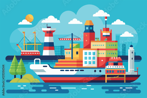 The colorful harbor features cargo ships, lighthouses, and lively buildings under a sunny sky, Port Customizable Flat Illustration