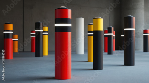 Wallpaper Mural Various parking bollards of differing sizes and colors are strategically placed in a modern indoor environment. The setting features a minimalist design with a concrete backdrop Torontodigital.ca