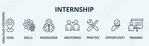 Internship banner icon goal, skills, knowledge, mentoring,practice, opportunity and training vector illustration concept