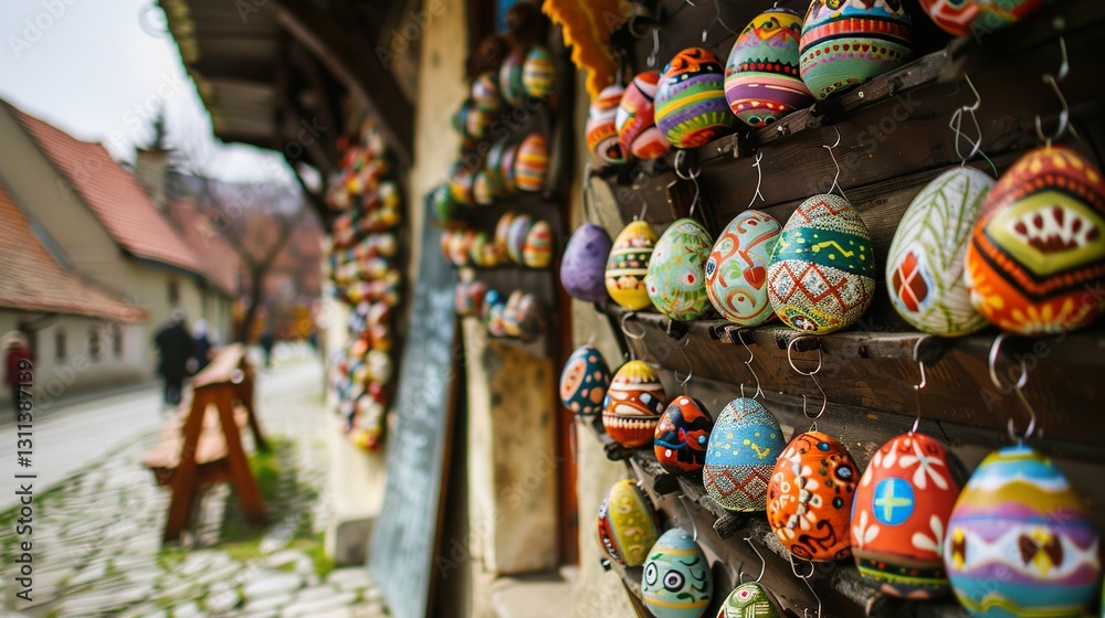 Fototapeta premium A photo of an Easter egg market in the old town, decorated eggs hanging on wooden walls with intricate designs and colorful patterns, surrounded by cobblestone streets and traditional architecture.