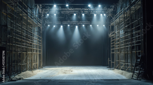 The stage is devoid of any performers, highlighted by two LED spotlights casting beams of light on the wooden floor. Scaffolding lines the sides, hinting at preparation for an upcoming event