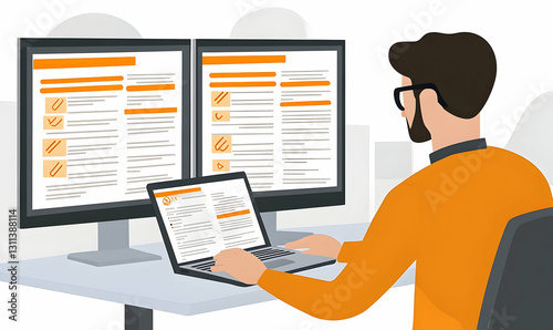 Illustration of a man working with multiple screens for enhanced productivity