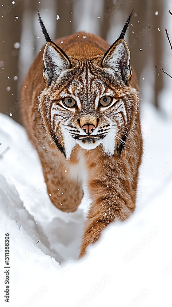 Fototapeta premium Lynx stalking snowy forest winter