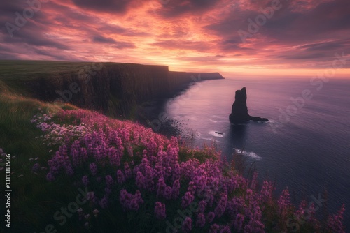 Cliffs of Moher Sunset: The iconic Cliffs of Moher are bathed in the warm, soft glow of a sunset painted across a sky of breathtaking hues. Pink and purple heather bloom along the edge of the cliffs.
