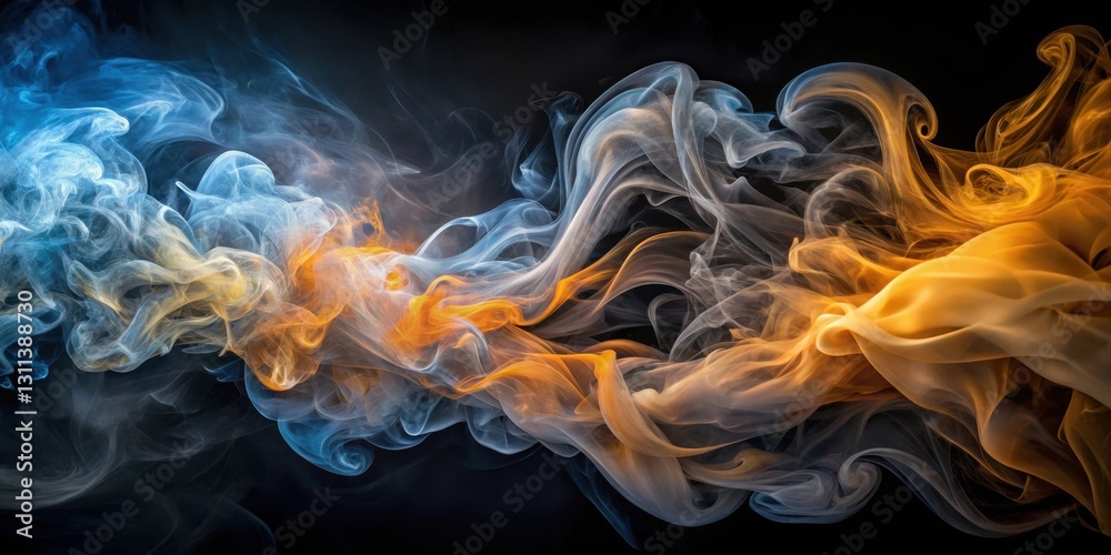 Fototapeta premium Abstract Swirling Smoke A Captivating Blend of Blue and Amber Hues on a Dark Background