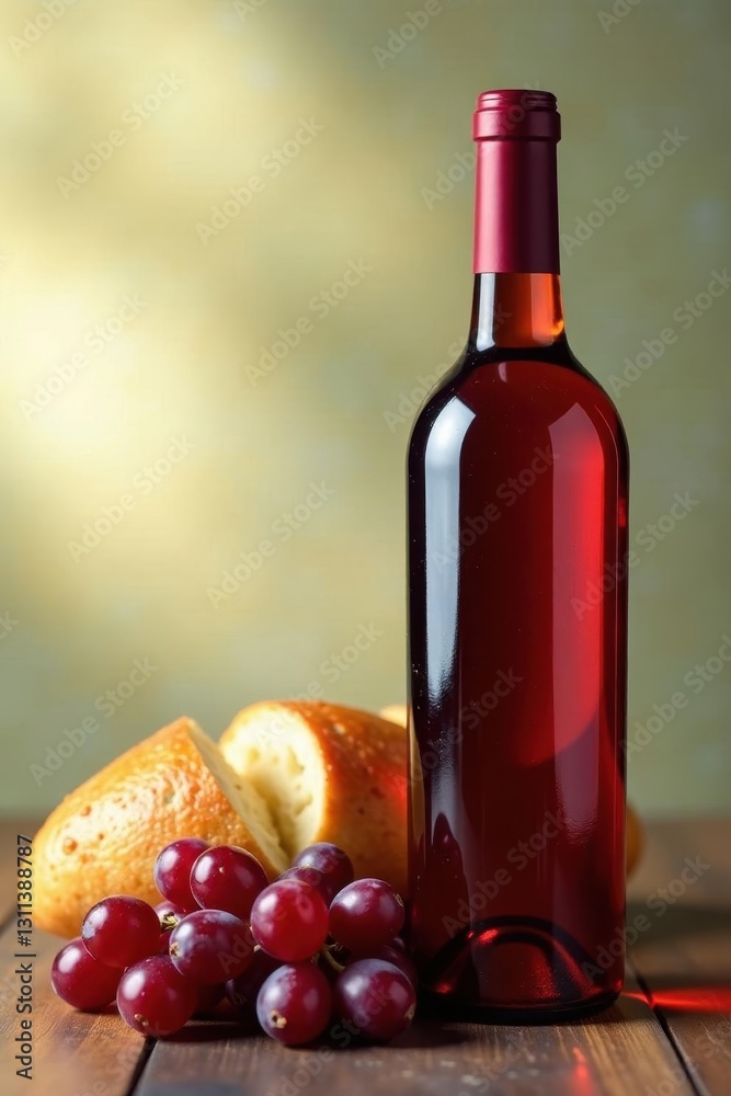 Obraz premium Glistening wine bottle beside fresh bread, grapes, moment, shadow, serene