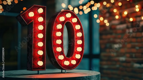 Vintage Marquee Light-Up Number 10 Sign with Festive Bokeh Lights in Cozy Atmosphere