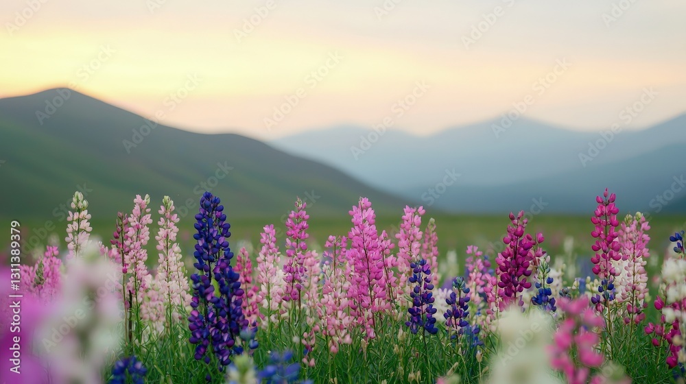 Obraz premium Ecological impact climate recovery concept. Vibrant field of wildflowers with mountains in the background.