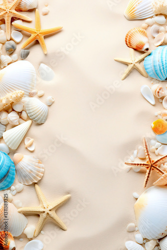 Tropical Beach Background with Colorful Seashells and Starfish on Soft Sand with Copy Space