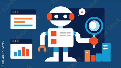 Web Data Extraction A robot searching the web with magnifying glass and extracting relevant data into a digital box showcasing the automation of data collection.