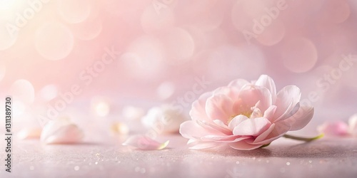 Delicate Pink Blossom Resting on Glittering Surface with Soft Bokeh Background