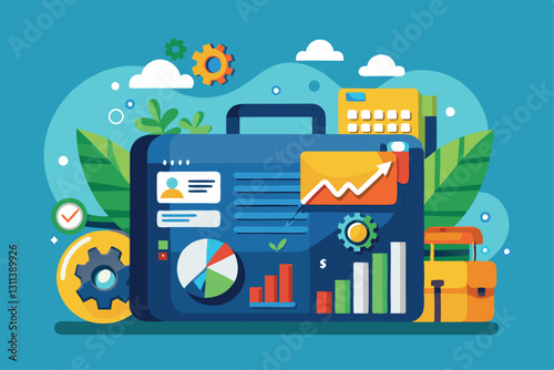 A colorful illustration displays a portfolio update with charts, graphs, and a briefcase design element, Portfolio update Customizable Semi Flat Illustration