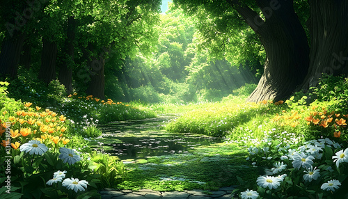 Fototapeta Naklejka Na Ścianę i Meble -  Enchanting forest path with lush greenery and sunbeams for relaxation