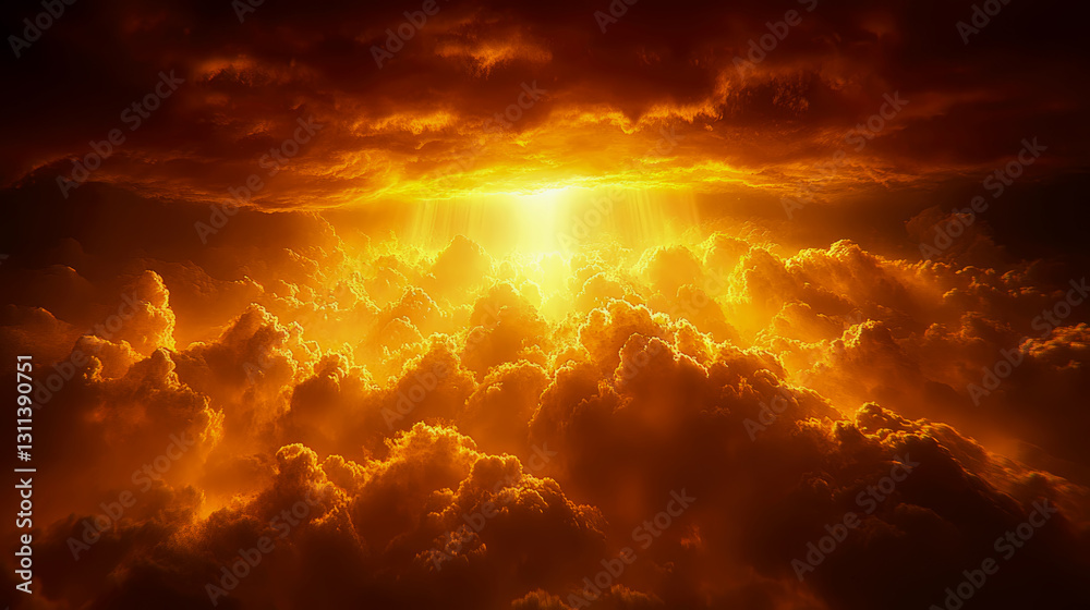 Fototapeta premium Golden Hour: Dramatic Sky with Beams of Light Breaking Through Fiery Clouds