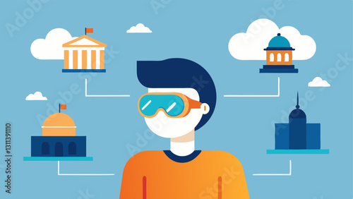 Travel Companion A user at a historic landmark wearing smart glasses that display fun facts and a timeline of the locations history in a hovering format in front of them.