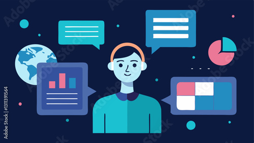 Virtual News Assistant An illustration of a virtual assistant helping a user by displaying curated news articles on a holographic screen with a friendly AI avatar offering