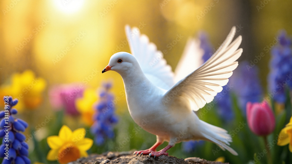 Ethereal Dove Perched Among Vibrant Spring Flowers - Perfect for Easter Promotions, Greeting Cards, and Faith-Based Marketing Ethereal Dove Perched Among Vibrant Spring Flowers - Perfect for Easter Promotions, Greeting Cards, and Faith-Based Marketing
