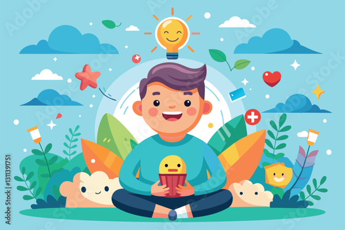 A joyful character sits surrounded by colorful plants and cheerful symbols, emphasizing positivity and growth, Positive thinking Customizable Cartoon Illustration