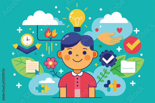 A smiling child stands amidst colorful icons representing creativity, positivity, and innovation, Positive thinking Customizable Disproportionate Illustration