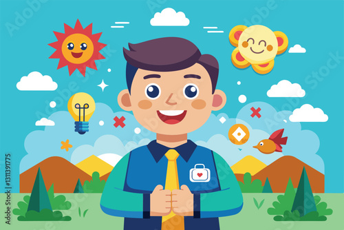 A joyful cartoon character stands in a vibrant landscape, surrounded by symbols of positivity and creativity, Positive thinking Customizable Cartoon Illustration