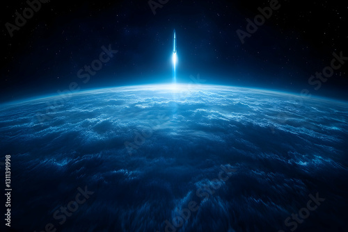 Dramatic rocket launch from Earth's atmosphere into starry space backdrop
