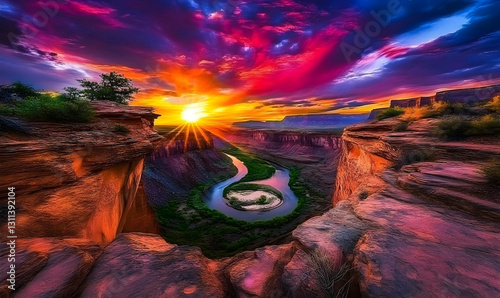 Majestic canyon landscape at sunset with river meander and vivid skies