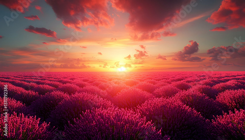 Lavender field at sunset with dramatic sky and vibrant pink flowers