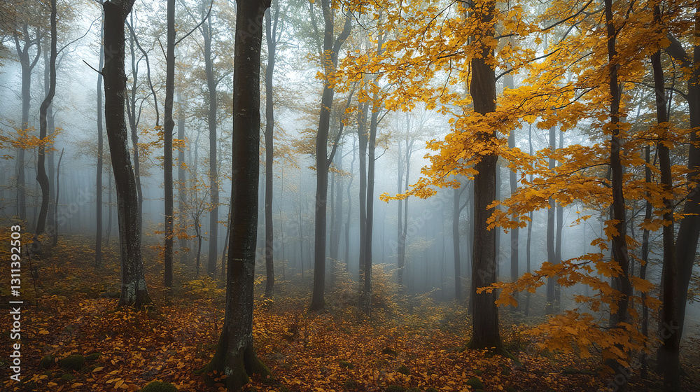 Fototapeta premium Misty autumn forest with golden leaves and bare trees