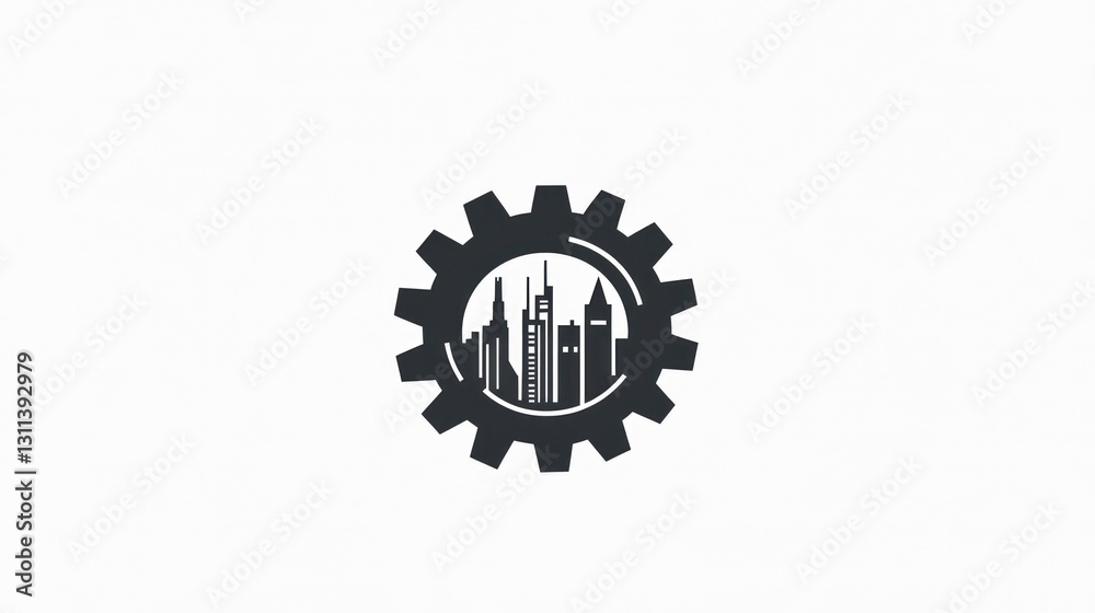 Fototapeta premium Gear Logo with City Skyline; Industrial Urban Design