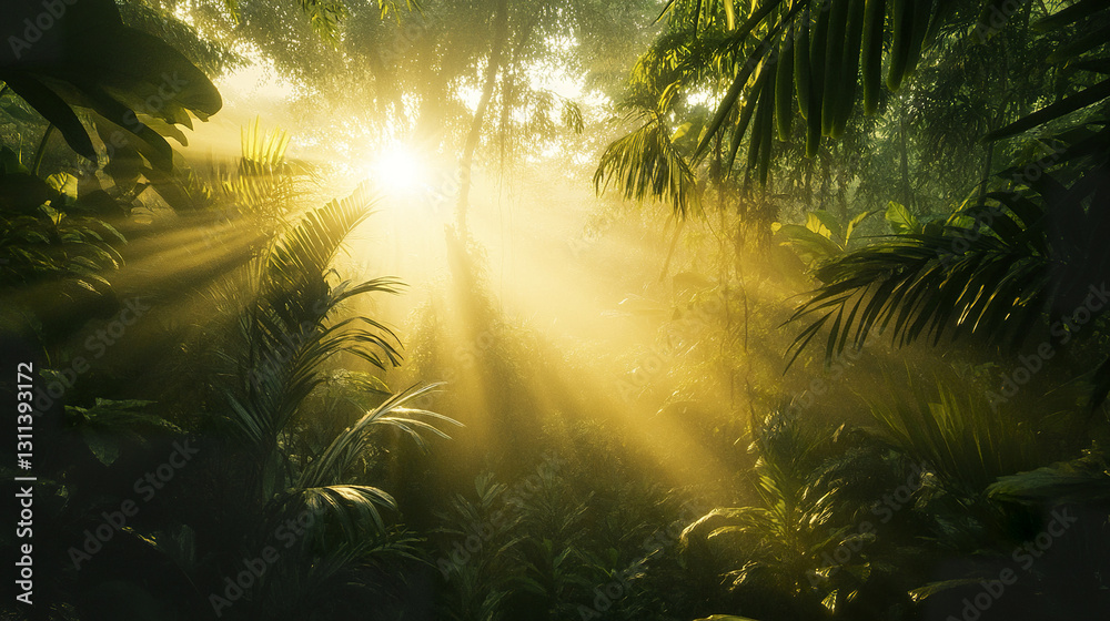 Naklejka premium Misty jungle at dawn with golden sunlight piercing through lush foliage