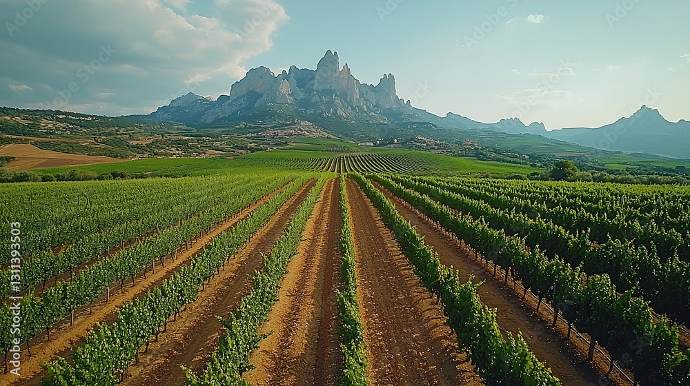 Lush vineyard rows stretch towards majestic mountains under a clear sky at sunset Lush vineyard rows stretch towards majestic mountains under a clear sky at sunset
