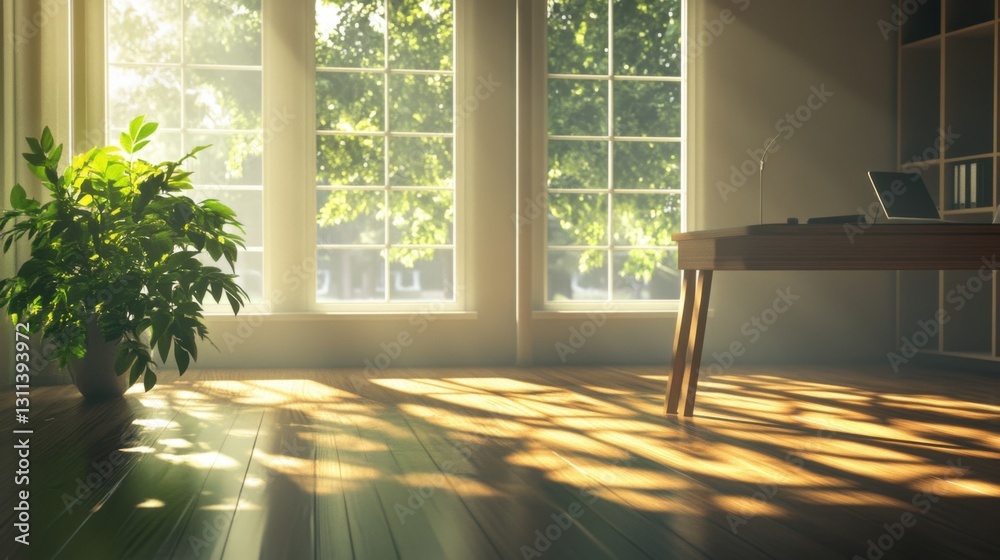 Fototapeta premium sunlit home office with wooden floor and large windows