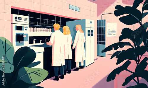 Stylized laboratory scene featuring scientists conducting scientific research