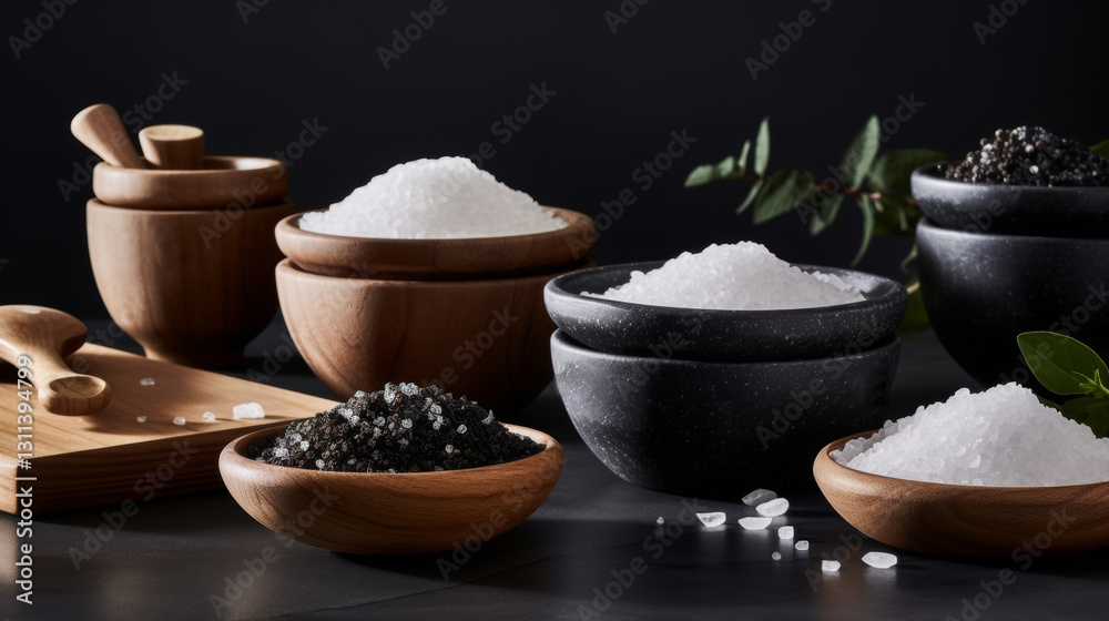A variety of gourmet salts in bowls, different textures and colors on a dark surface A variety of gourmet salts in bowls, different textures and colors on a dark surface