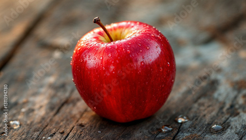 red apple on wooden table