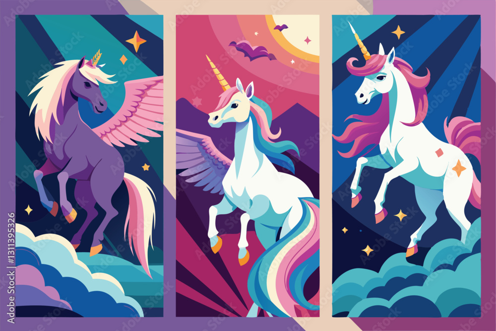 Vibrant unicorn posters showcase three different majesty designs in a whimsical setting filled with clouds, Posters with unicorns, Vibrant unicorn posters showcase three different majesty designs in a whimsical setting filled with clouds, Posters with unicorns,