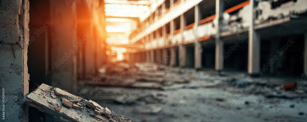 Abandoned shopping mall with debris and sunlight streaming in Abandoned shopping mall with debris and sunlight streaming in