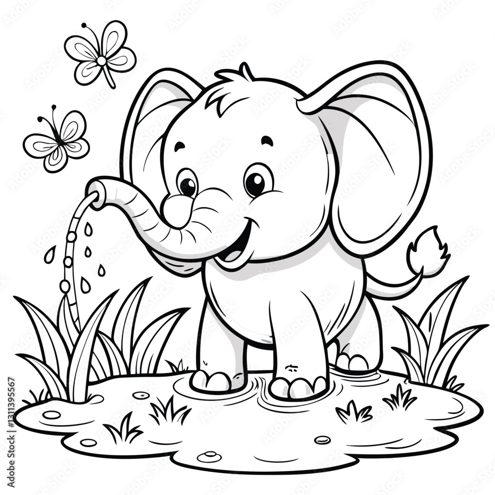 Fototapeta premium Cute Baby Elephant Spraying Water Outline Vector for Kids Coloring and Clipart, Elephant Coloring Vector, Baby Elephant Outline, Pond Animal Drawing 