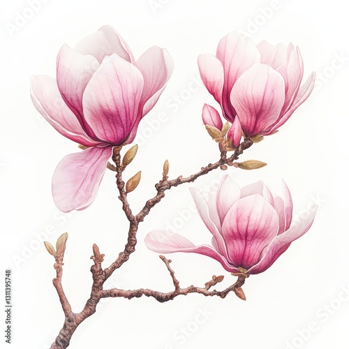 Magnolia Branch with Pink Flowers in a Soft Pastel Watercolor Style