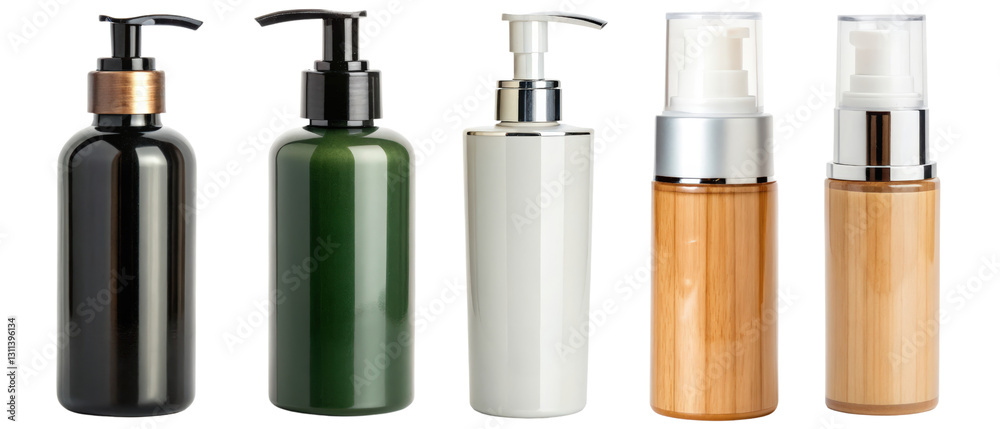 Set of Five Stylish Pump Bottles for Cosmetics and Skincare isolated with transparent background Set of Five Stylish Pump Bottles for Cosmetics and Skincare isolated with transparent background