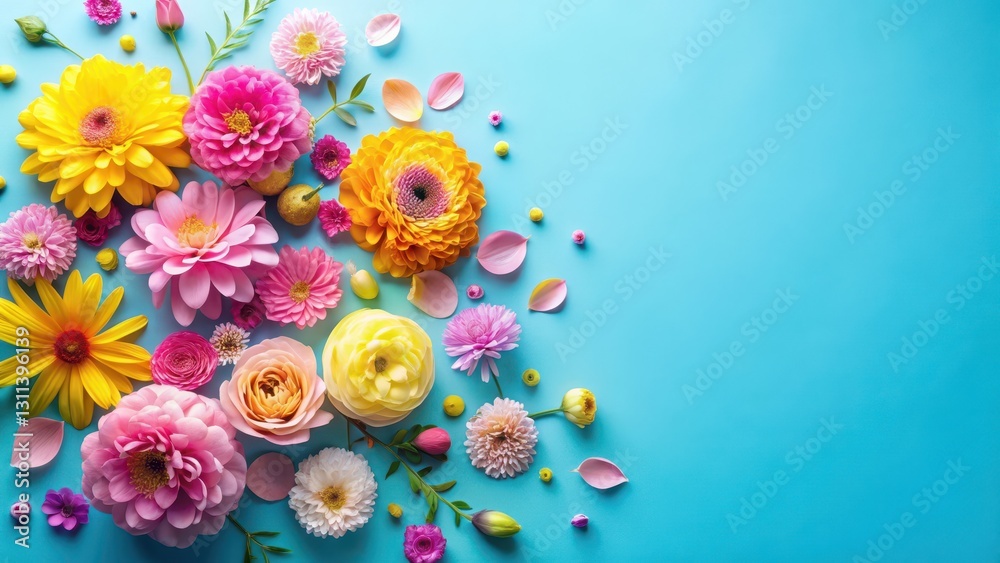 Vibrant Floral Arrangement on a Light Blue Background Featuring a Delightful Collection of Colorful Blooms and Petals, Ideal for Spring or Summer Designs Vibrant Floral Arrangement on a Light Blue Background Featuring a Delightful Collection of Colorful Blooms and Petals, Ideal for Spring or Summer Designs