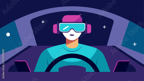 Virtual Test Drive A designer wearing AR goggles experiencing a simulated test drive inside a projected car interior with speed and navigation displayed.