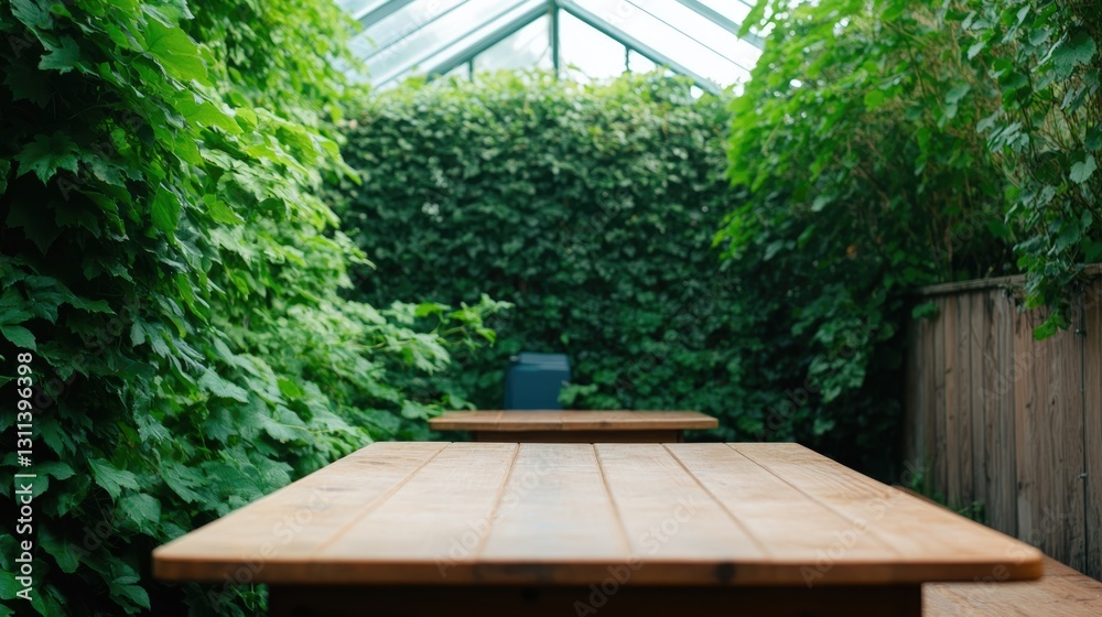 Fototapeta premium Lush greenery envelops wooden tables in serene, inviting indoor