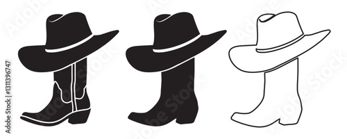 Cowboy boots and western hat, Set of rodeo cowboy Silhouette,Vector illustration. Cowboy boot line art isolated on white background